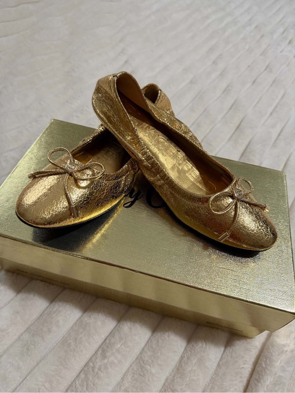 Karl Lagerfeld Metallic Gold leather Ballet Flats with Bow Accent